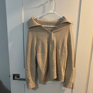 Beige Ribbed Knit Sweater with Collar